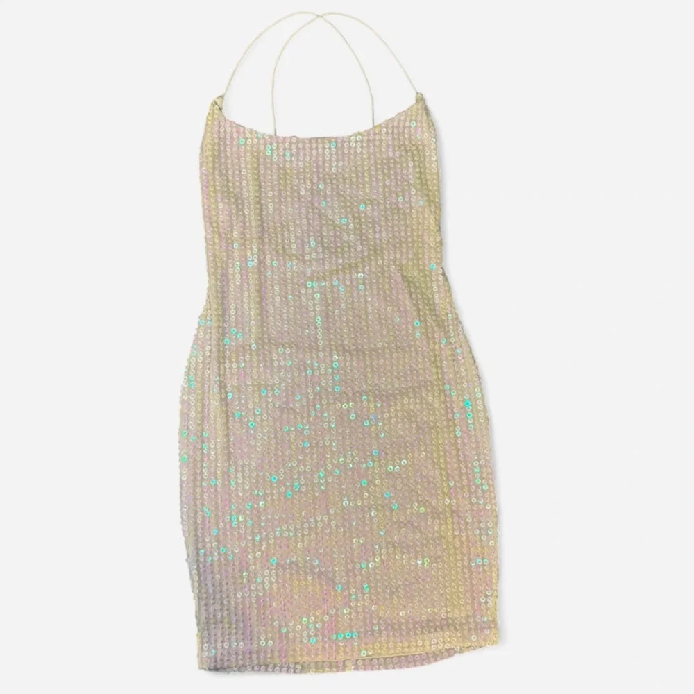 Oh Polly White Sequin Mini Dress SZ 8 Spaghetti Strap, Cross Back, Lined, Bridal - Picture 1 of 5
